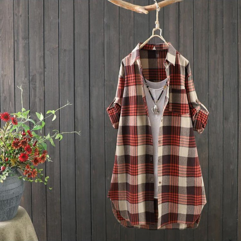 Ladies' Checked Long Blouse with Loose Fit – Rowen