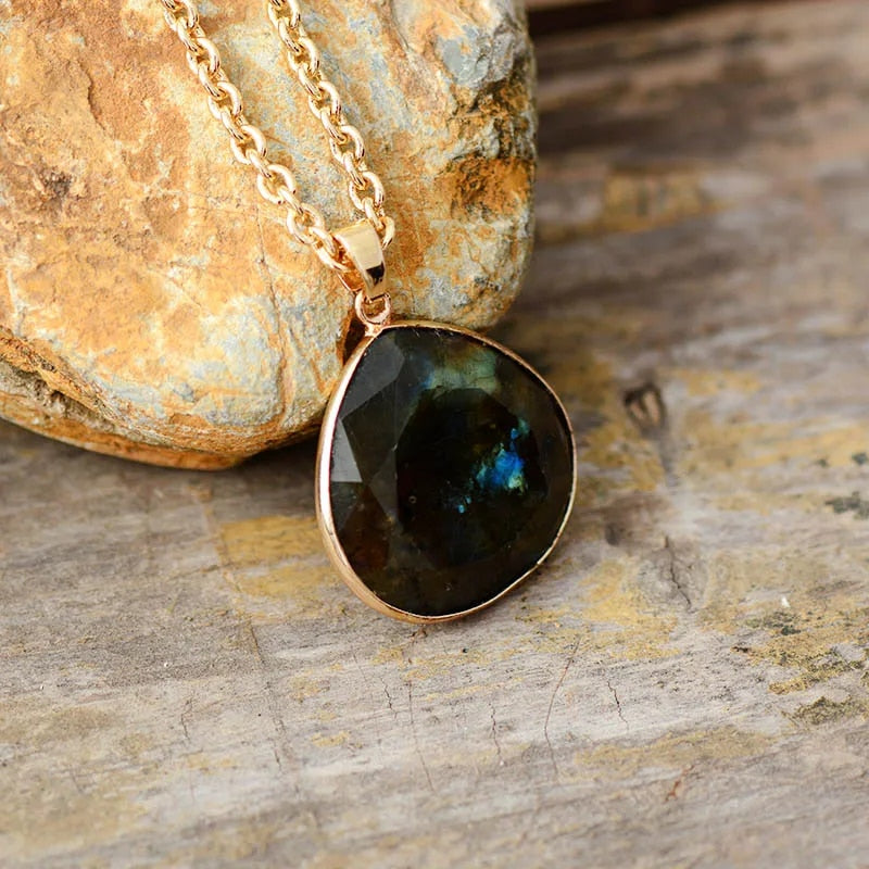 Labradorite Teardrop Necklace with Gold Finish - Elyria