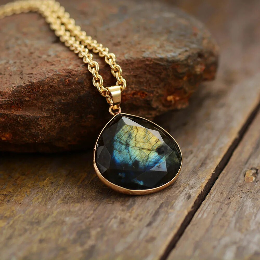 Labradorite Teardrop Necklace with Gold Finish - Elyria