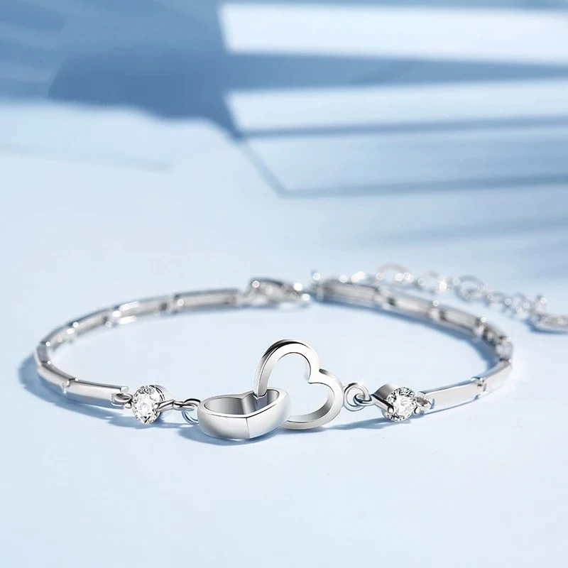 Adjustable 925 Silver Double Heart Bracelet