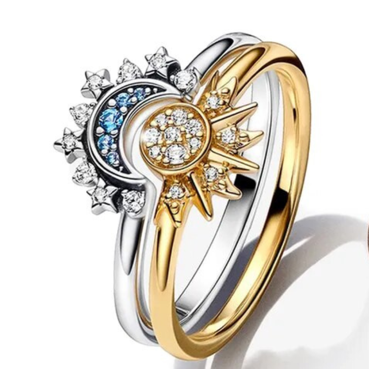 Sparkling Moon & Sun Silver Crystal Ring | Women's Fashion Jewellery