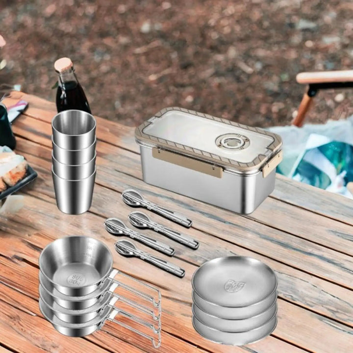 Camping Messware Kit Stainless Steel Dinnerware with Storage Box – CampSet