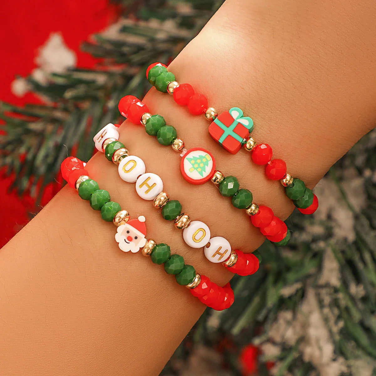 4 PIECE CHRISTMAS BEAD BRACELET SET