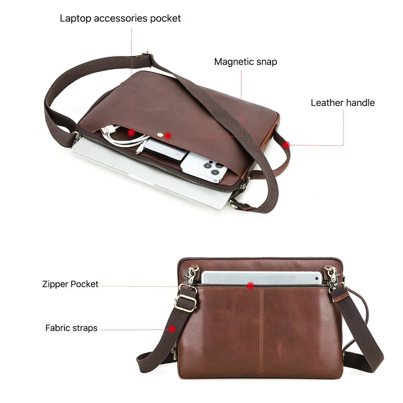 Men’s Genuine Leather Laptop Briefcase with Crossbody Strap