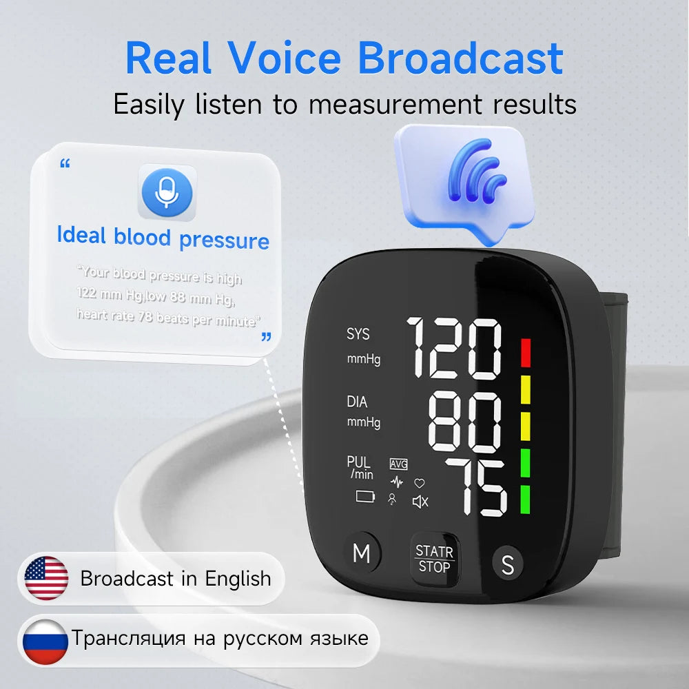Rechargeable LED Wrist Blood Pressure Monitor with Voice Function – HeartGuard