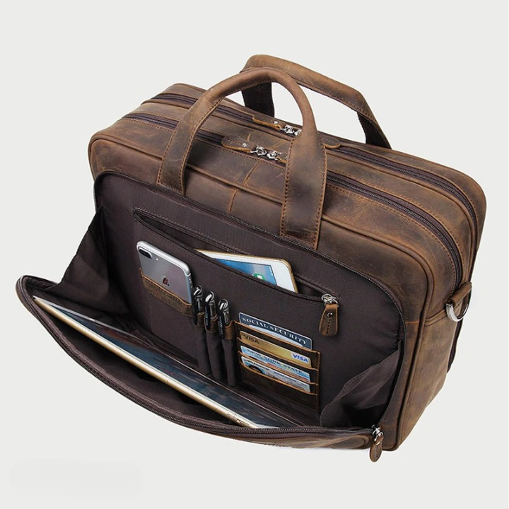 Large Genuine Crazy Horse Leather Laptop Briefcase 17 Inch