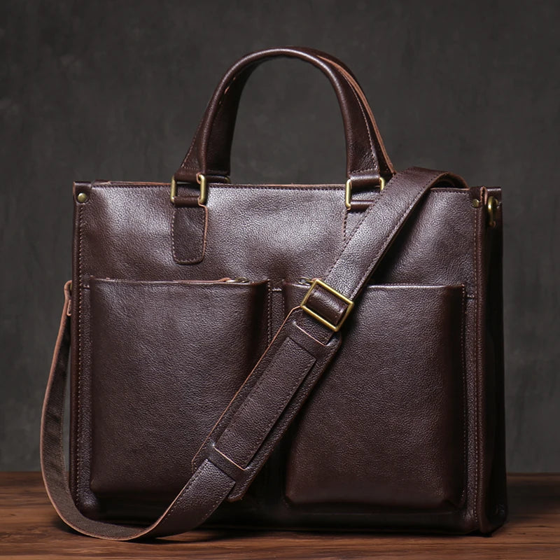Genuine Leather Executive Laptop Briefcase with Shoulder Strap