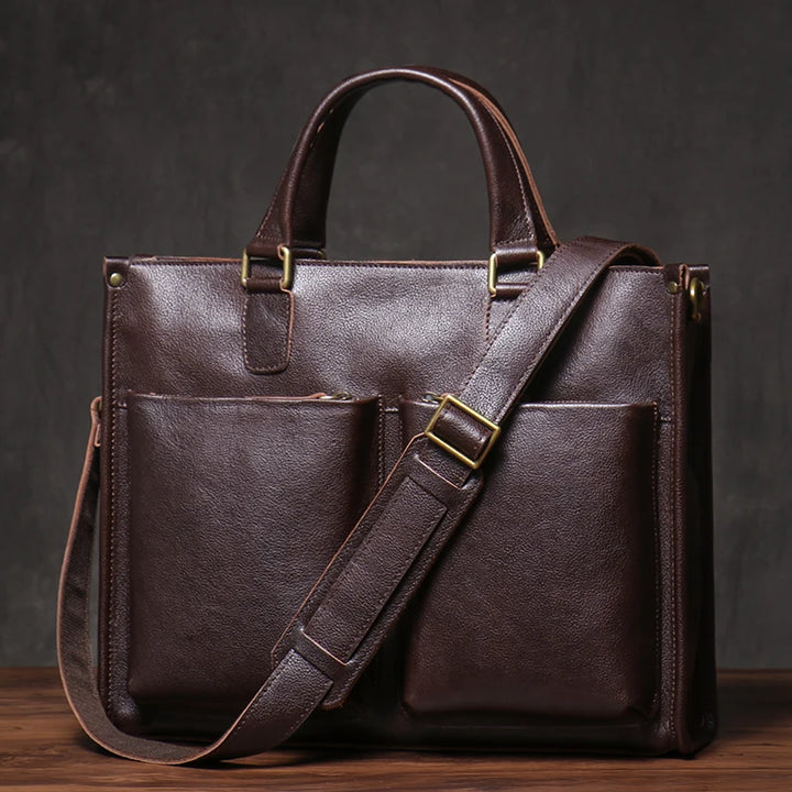 Genuine Leather Executive Laptop Briefcase with Shoulder Strap