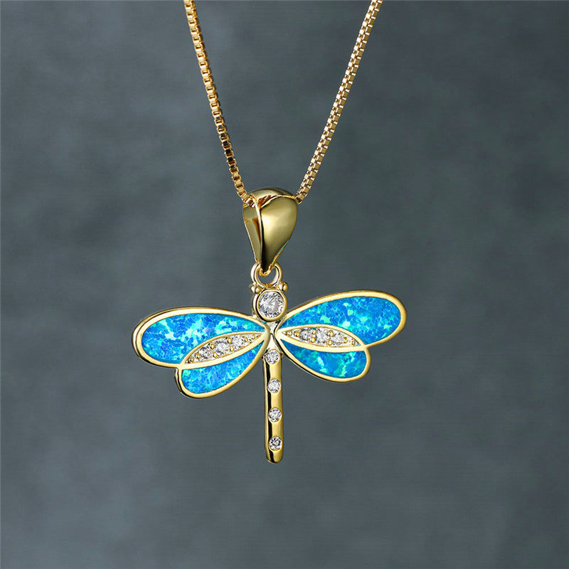 Golden Dragonfly Necklace with Opal - Isolde