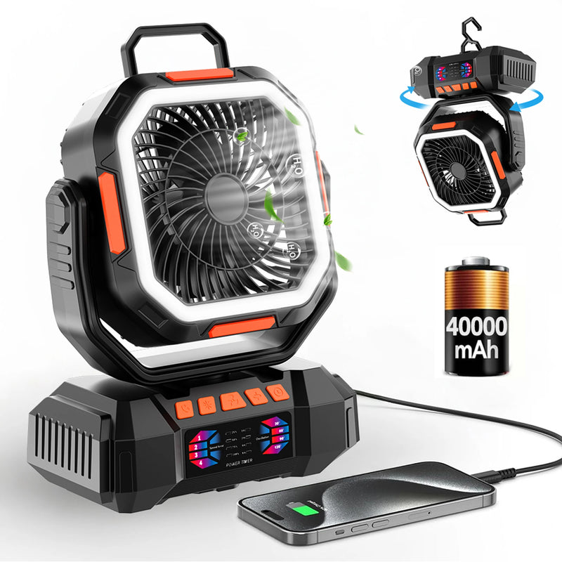 Rechargeable Camping Fan with 40000mAh Battery & LED Lantern – F22