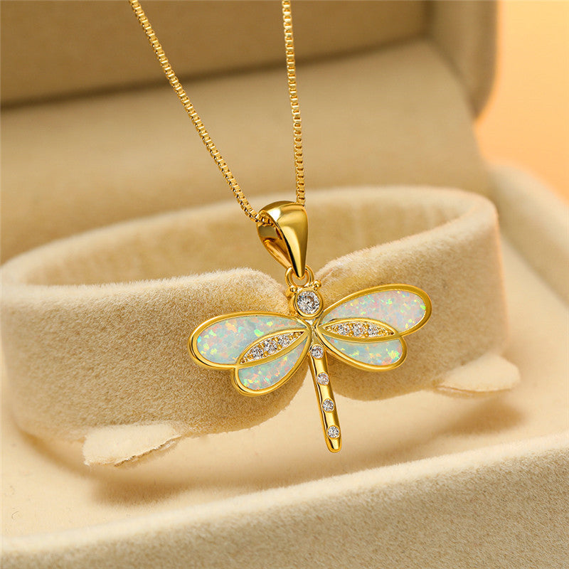 Golden Dragonfly Necklace with Opal - Isolde