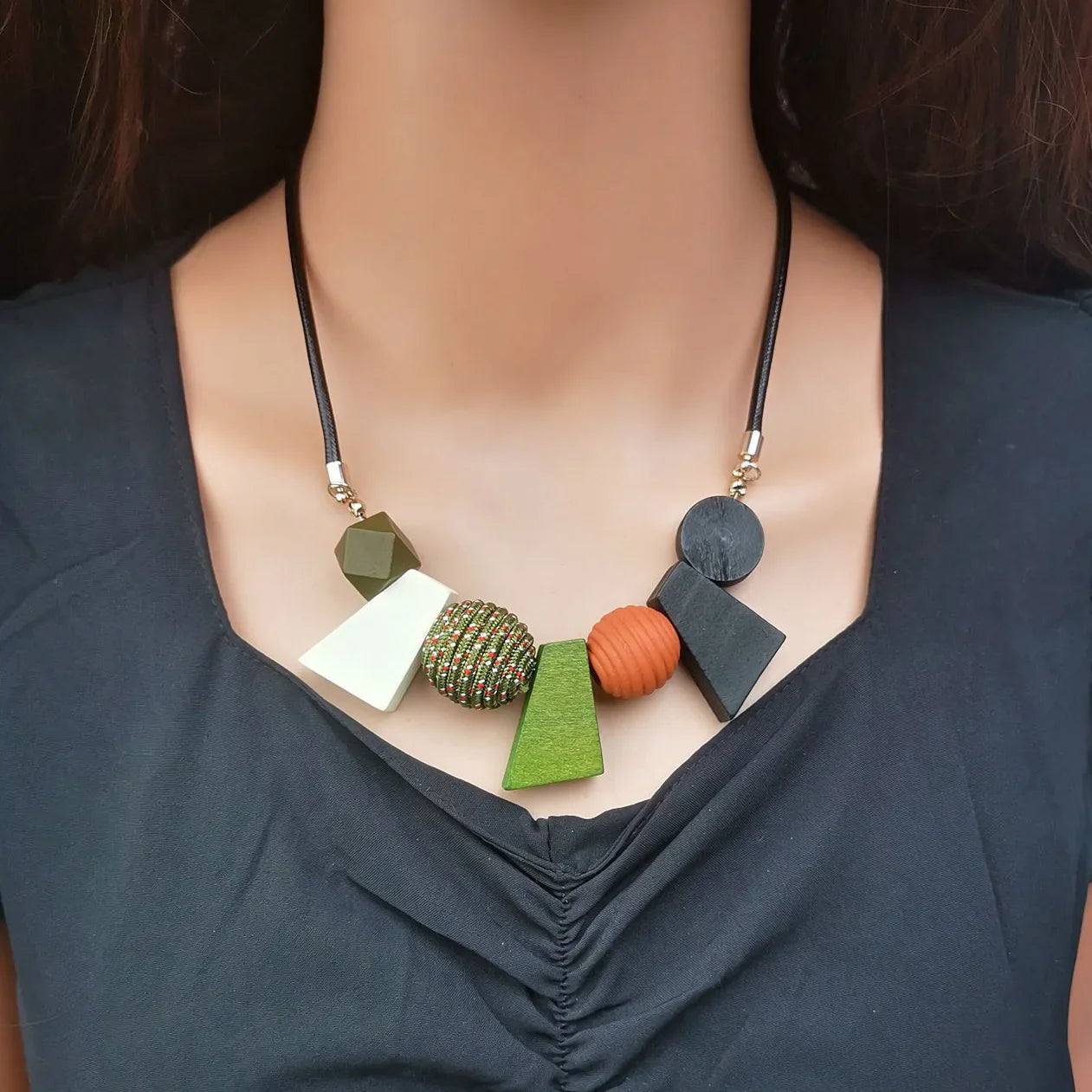 Ethnic Geometric Wooden Bead Necklace