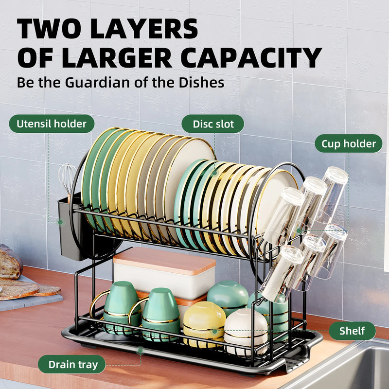 2-Tier Dish Drying Rack with Drainboard & Cutlery Holder – Aria