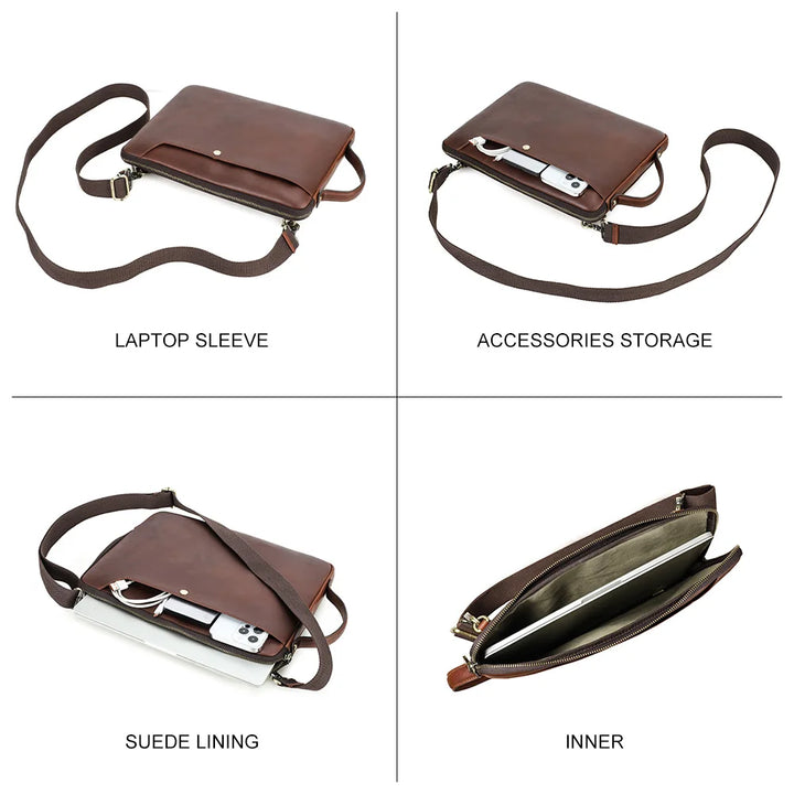 Men’s Genuine Leather Laptop Briefcase with Crossbody Strap