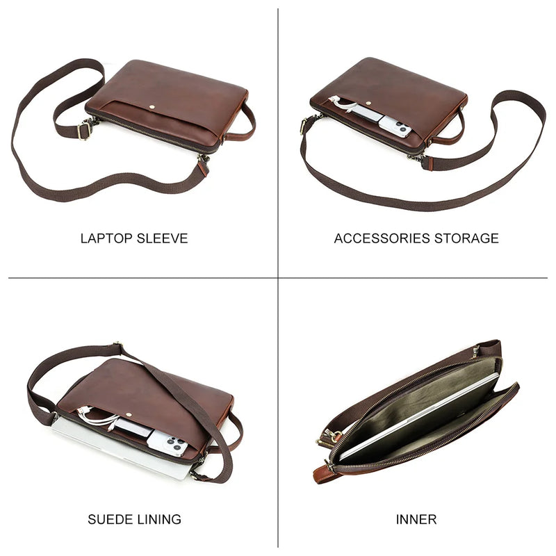 Men’s Genuine Leather Laptop Briefcase with Crossbody Strap