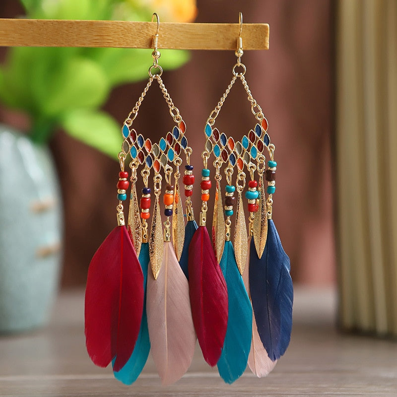 Elegant Feather Earrings | Long Dangle Jewellery for Women