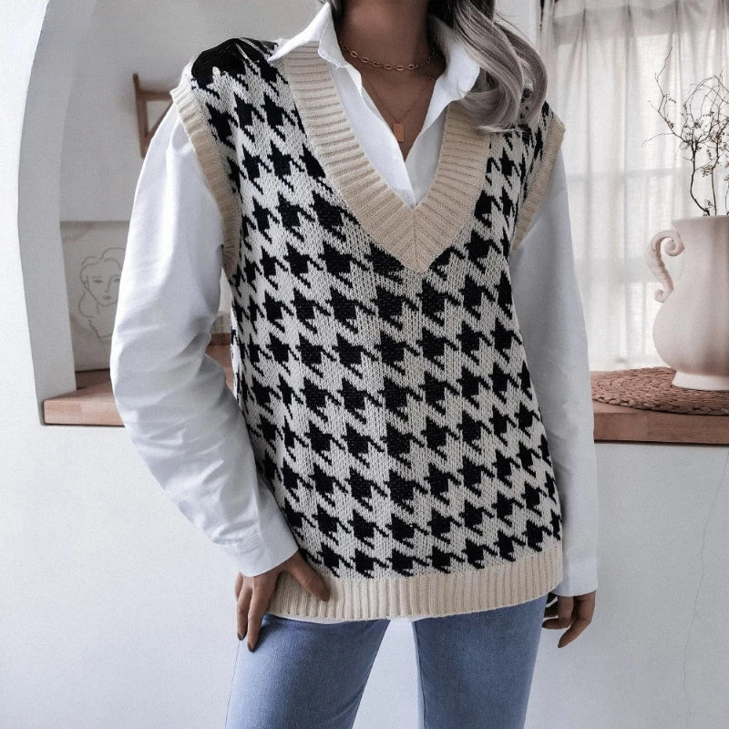 Ladies Checked Knitted Waistcoat Top - Yara