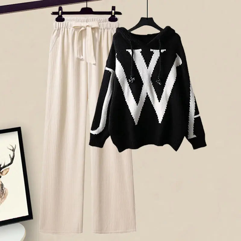 Ladies' Two-Piece Autumn Set with Knitted Sweater and Wide Trousers – Selina