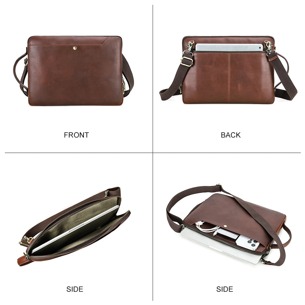 Men’s Genuine Leather Laptop Briefcase with Crossbody Strap