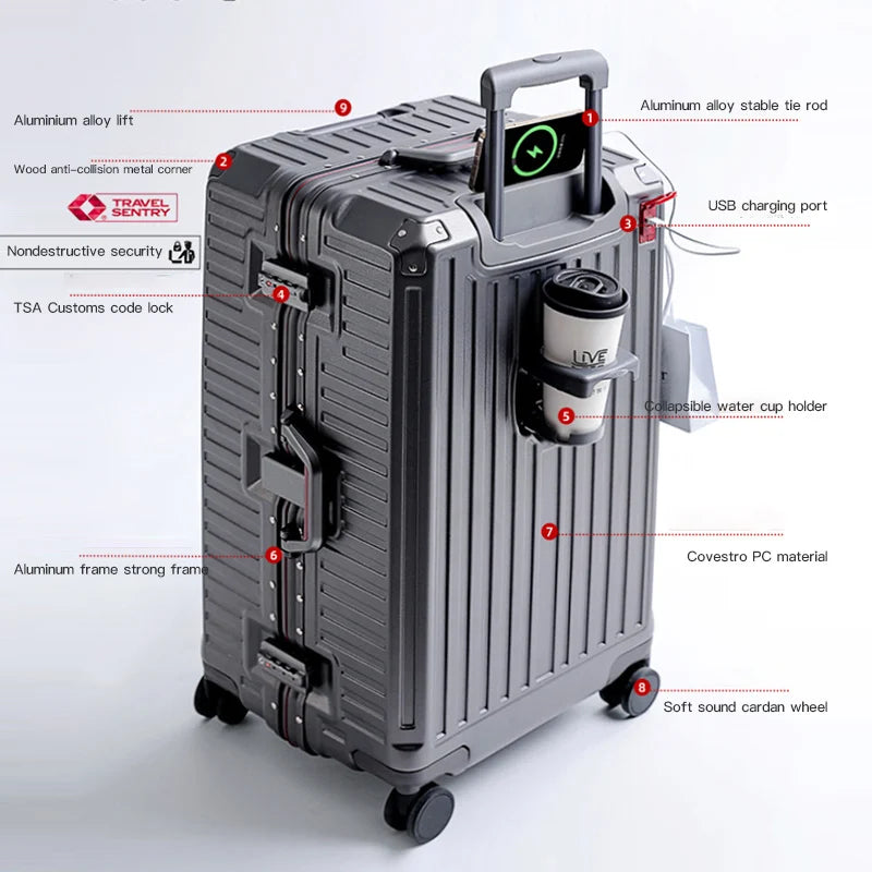 Wide-Handle PC Aluminium Frame Suitcase with Spinner Wheels