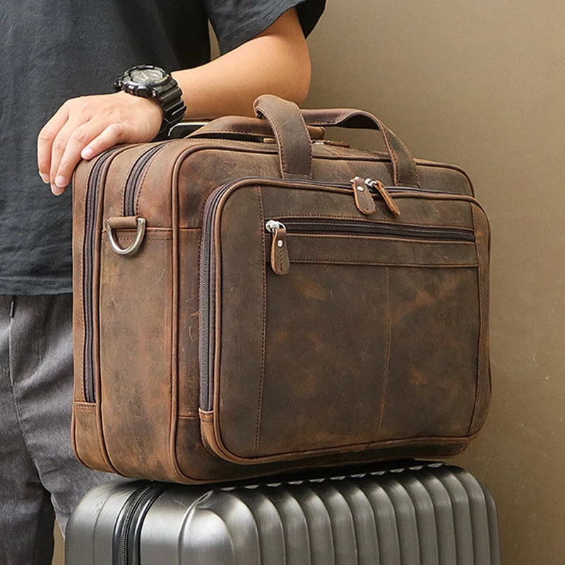 Large Genuine Crazy Horse Leather Laptop Briefcase 17 Inch