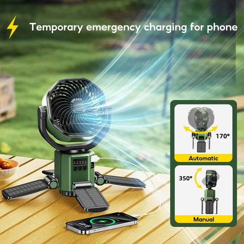 Solar Camping Fan with 6000mAh Battery, LED Light & 4-Speed Cooling – SunBreeze