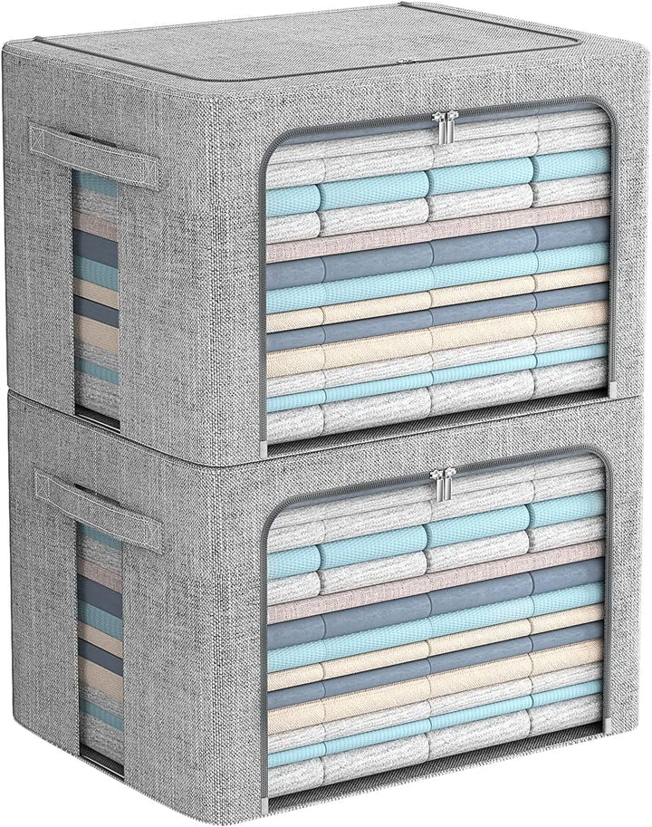Stackable Linen Fabric Storage Boxes with Clear Window – Elara