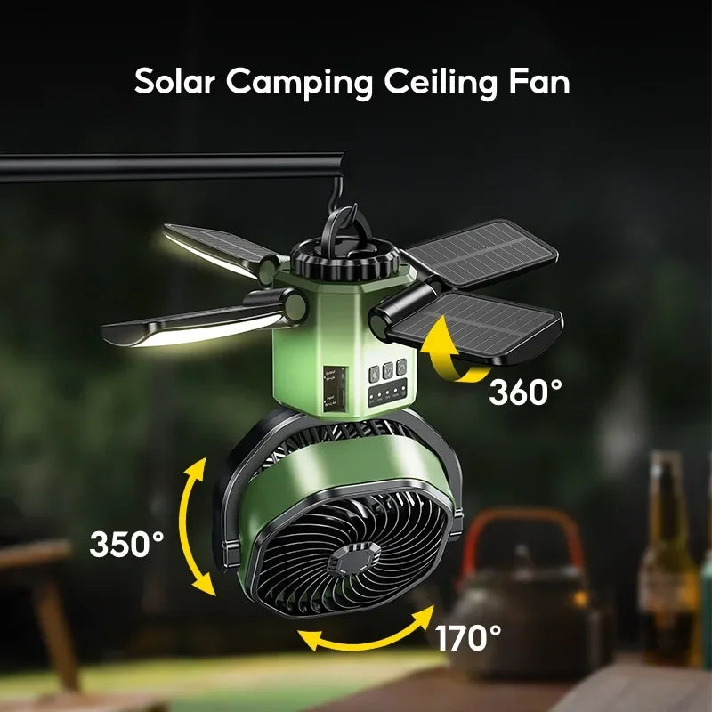 Solar Camping Fan with 6000mAh Battery, LED Light & 4-Speed Cooling – SunBreeze