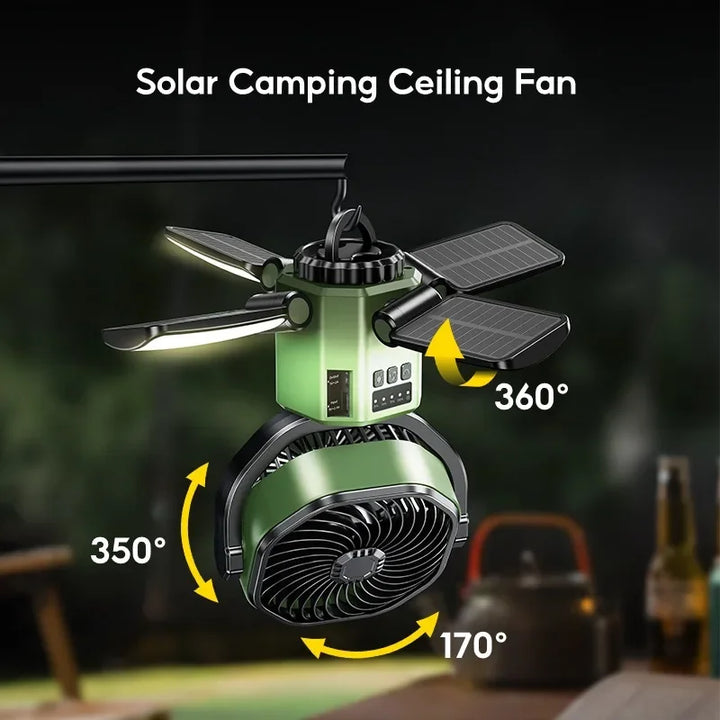Solar Camping Fan with 6000mAh Battery, LED Light & 4-Speed Cooling – SunBreeze