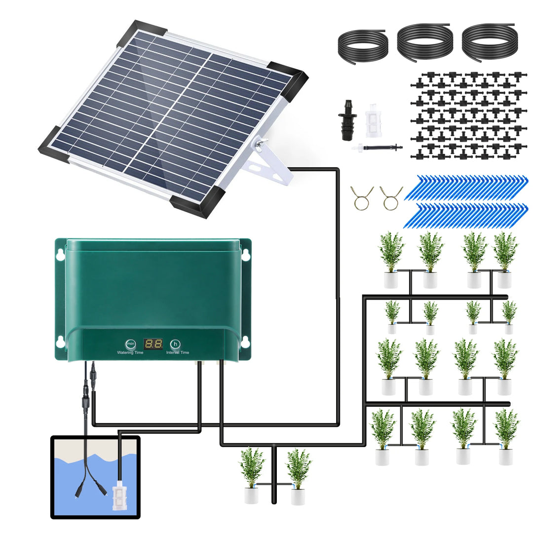 Solar Drip Irrigation System Kit Automatic Watering with 30 Modes & 7 Timers – AquaFlow