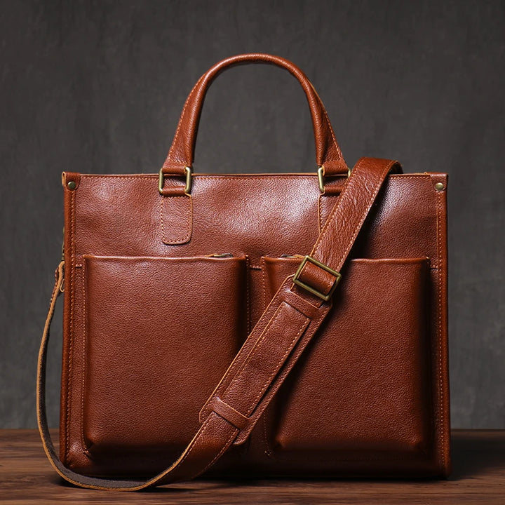 Genuine Leather Executive Laptop Briefcase with Shoulder Strap