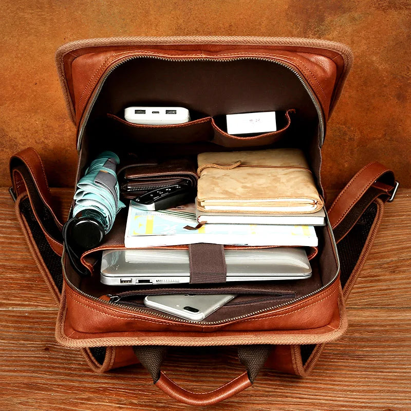 First-Layer Leather Laptop Backpack 16 Inch
