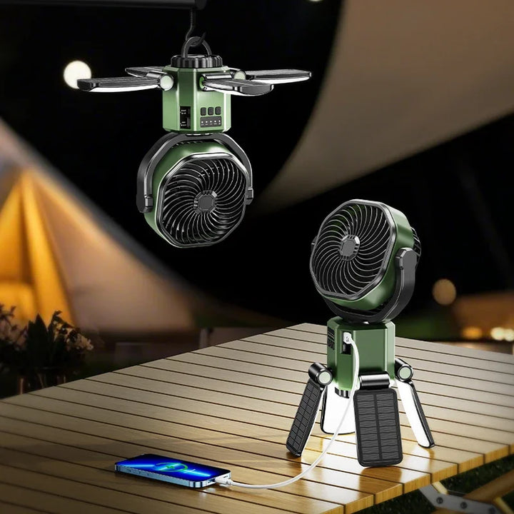 Solar Camping Fan with 6000mAh Battery, LED Light & 4-Speed Cooling – SunBreeze