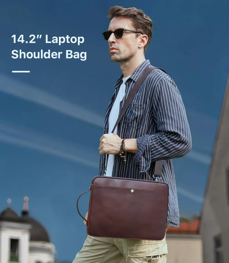 Men’s Genuine Leather Laptop Briefcase with Crossbody Strap