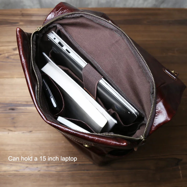 Vegetable-Tanned Cowhide Leather Laptop Backpack