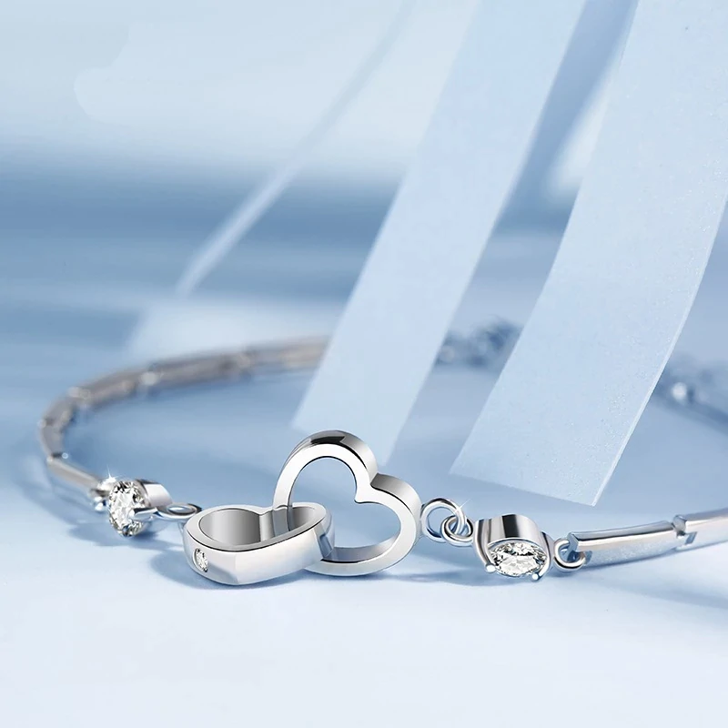 Adjustable 925 Silver Double Heart Bracelet