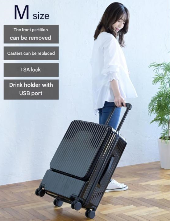 Front-Opening Carry-On Suitcase with USB Port and Drink Holder