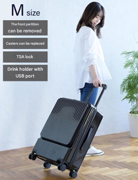Front-Opening Carry-On Suitcase with USB Port and Drink Holder