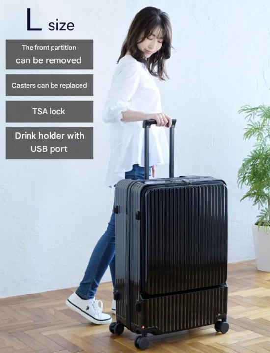 Front-Opening Carry-On Suitcase with USB Port and Drink Holder