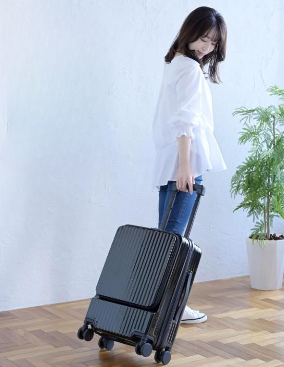 Front-Opening Carry-On Suitcase with USB Port and Drink Holder