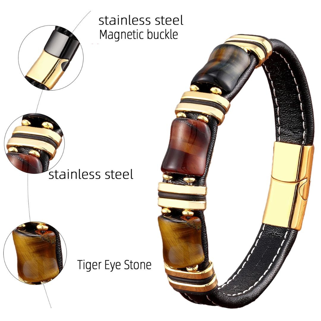 Tiger's Eye Natural Stone Leather Bracelet | Women's Jewellery