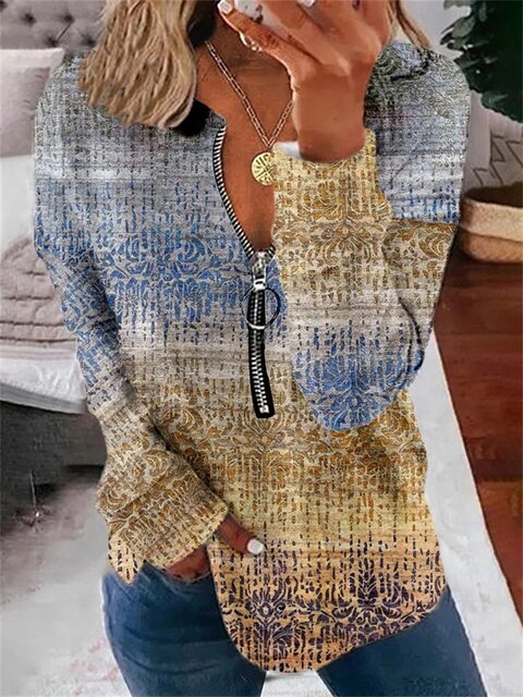 Autumn long-sleeved women's top with vintage pattern and zip - Milara