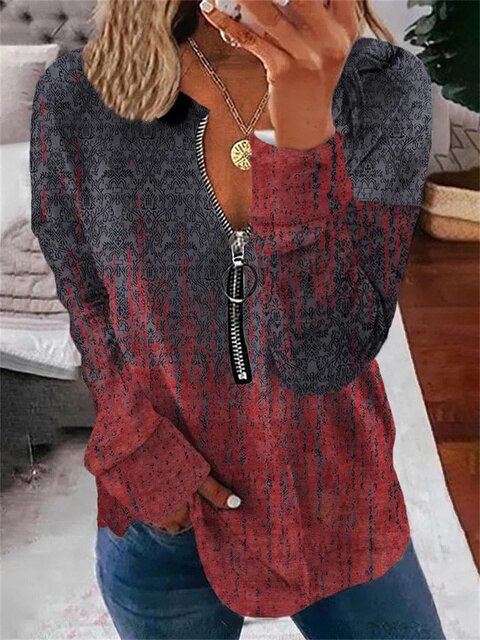 Autumn long-sleeved women's top with vintage pattern and zip - Milara