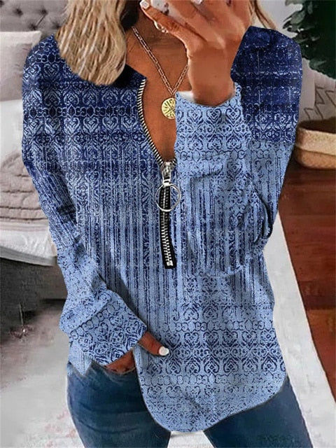 Autumn long-sleeved women's top with vintage pattern and zip - Milara