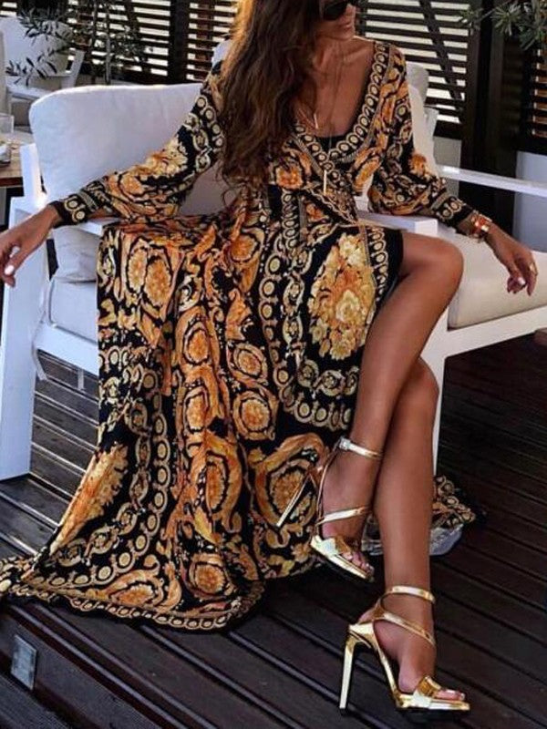 Boho Wrap Summer Dress with Slit and Long Sleeves