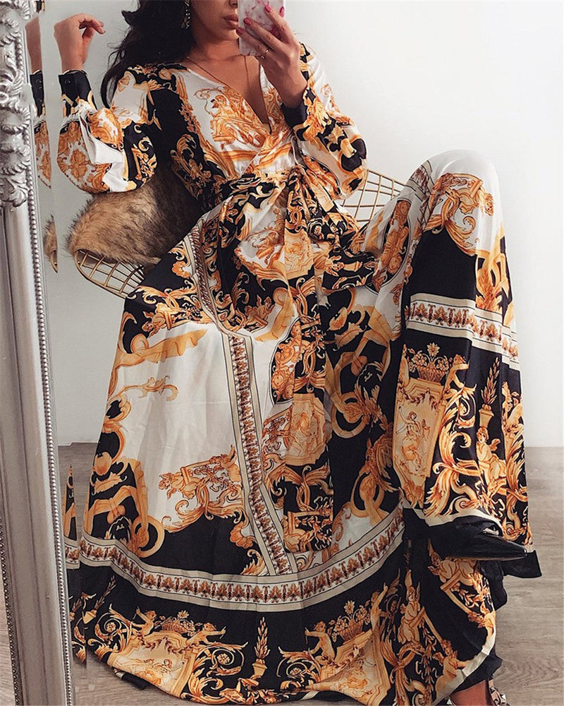 Boho Wrap Summer Dress with Slit and Long Sleeves