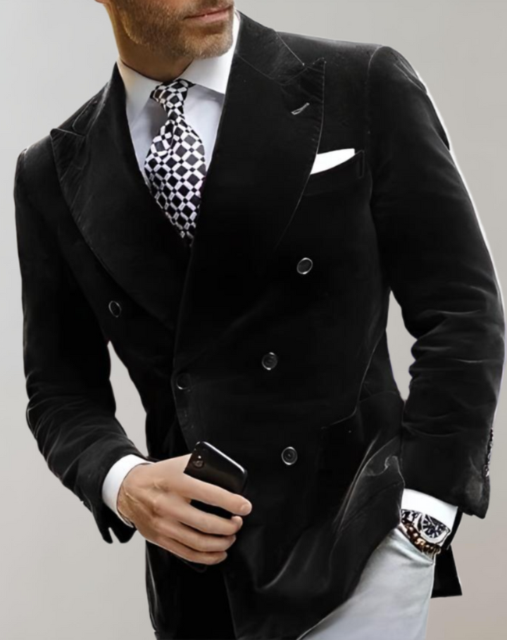 AA OUT OF STOCK Velvet Men's Blazer with Double Breasted Buttons - Elliot-XS-Black-State of Style