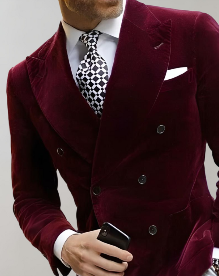 AA OUT OF STOCK Velvet Men's Blazer with Double Breasted Buttons - Elliot-XS-Bordeaux red-State of Style