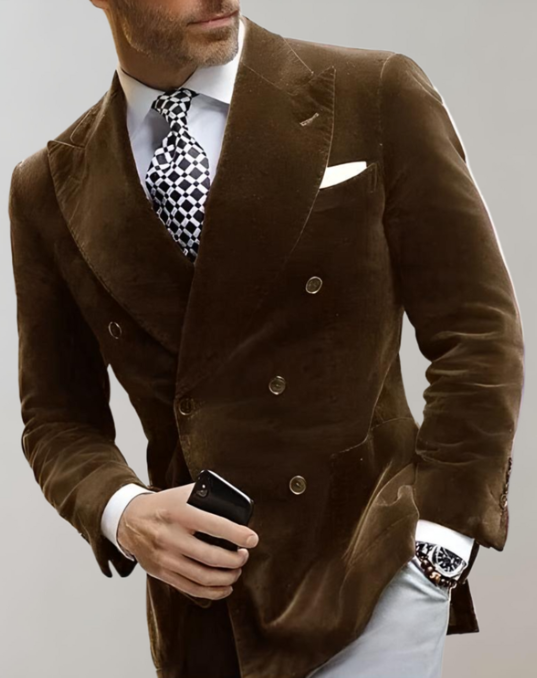 AA OUT OF STOCK Velvet Men's Blazer with Double Breasted Buttons - Elliot-XS-Brown-State of Style
