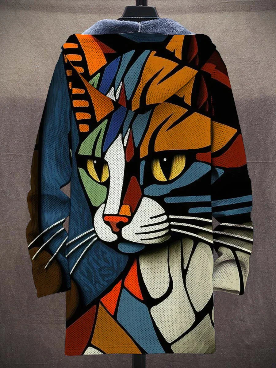 Abstract Cat Print Cardigan with Plush Lining - Luna-S-State of Style